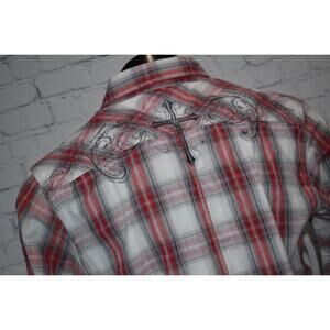 Pop Icon For BKE Buckle Western Shirt Mens Large Pearl Button Snaps Red Plaids